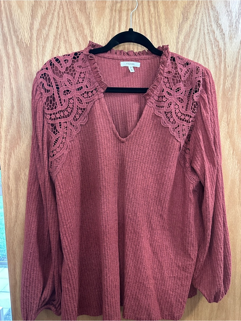 Maurices Lace-Yoke Ribbed V-Neck Top — Rusty Rose